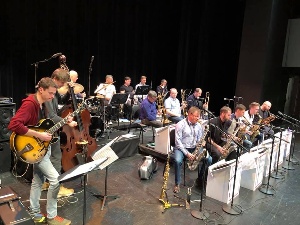 Evgeny Pobozhiy (left) with the Moscow Big Band during their soundcheck at the Xavier University Gallagher Theater, Cincinnati, OH (January, 2019)