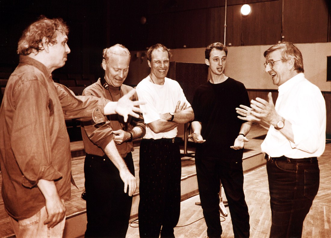 Moscow, 1999: L-R Oregon band members Ralph Towner, Paul McCandless, Glen Moore, and Mark Walker, with George Garanian after their recording date with the Tchaikovsky Symphony Orchestra (photo © Pavel Korbut)