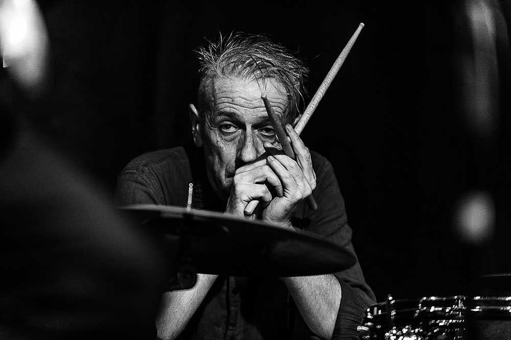 Drummer Steve Noble, taken February 28, 2020 at the Moscow Cultural Center “DOM”, where he performed with Alex Hawkins (B3 Hammond Organ), Evan Parker (saxophone), and John Edwards (bass). Photo © Pavel Korbut